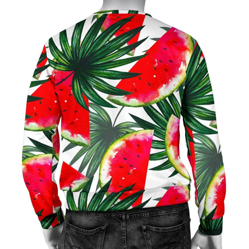 White Palm Leaf Watermelon Pattern Print Men's Crewneck Sweatshirt GearFrost
