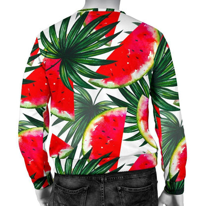 White Palm Leaf Watermelon Pattern Print Men's Crewneck Sweatshirt GearFrost