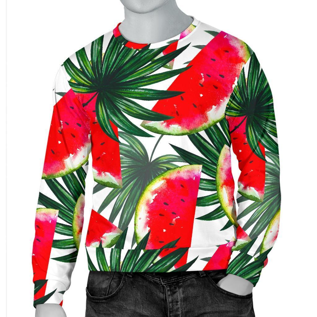 White Palm Leaf Watermelon Pattern Print Men's Crewneck Sweatshirt GearFrost