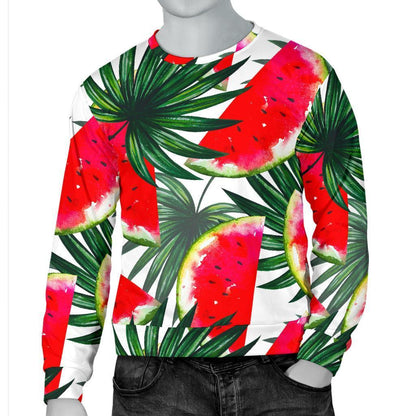 White Palm Leaf Watermelon Pattern Print Men's Crewneck Sweatshirt GearFrost