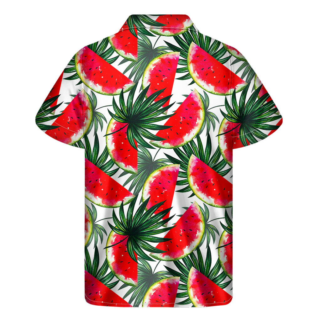 White Palm Leaf Watermelon Pattern Print Men's Short Sleeve Shirt