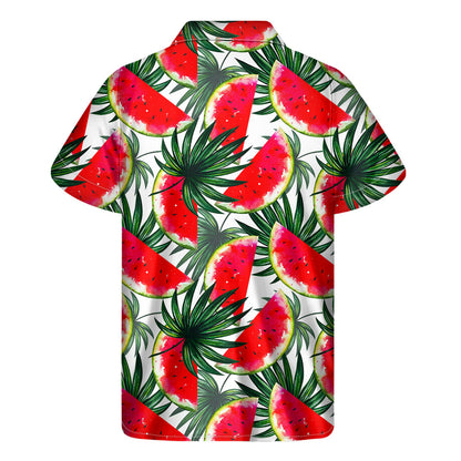 White Palm Leaf Watermelon Pattern Print Men's Short Sleeve Shirt