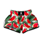 White Palm Leaf Watermelon Pattern Print Muay Thai Boxing Shorts