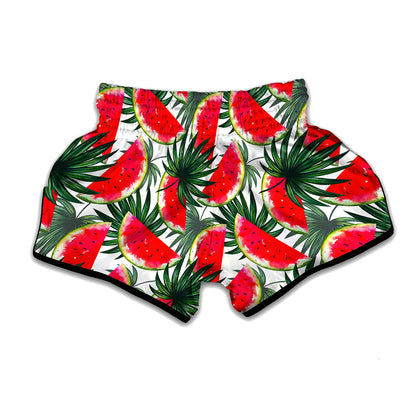 White Palm Leaf Watermelon Pattern Print Muay Thai Boxing Shorts
