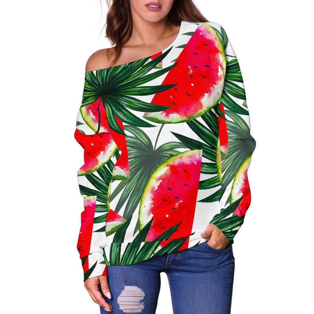 White Palm Leaf Watermelon Pattern Print Off Shoulder Sweatshirt GearFrost