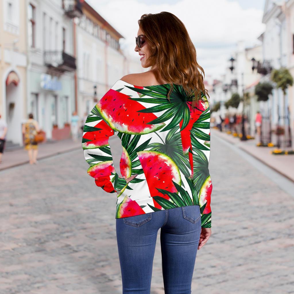 White Palm Leaf Watermelon Pattern Print Off Shoulder Sweatshirt GearFrost