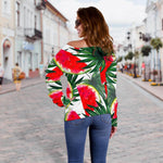 White Palm Leaf Watermelon Pattern Print Off Shoulder Sweatshirt GearFrost