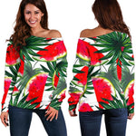 White Palm Leaf Watermelon Pattern Print Off Shoulder Sweatshirt GearFrost