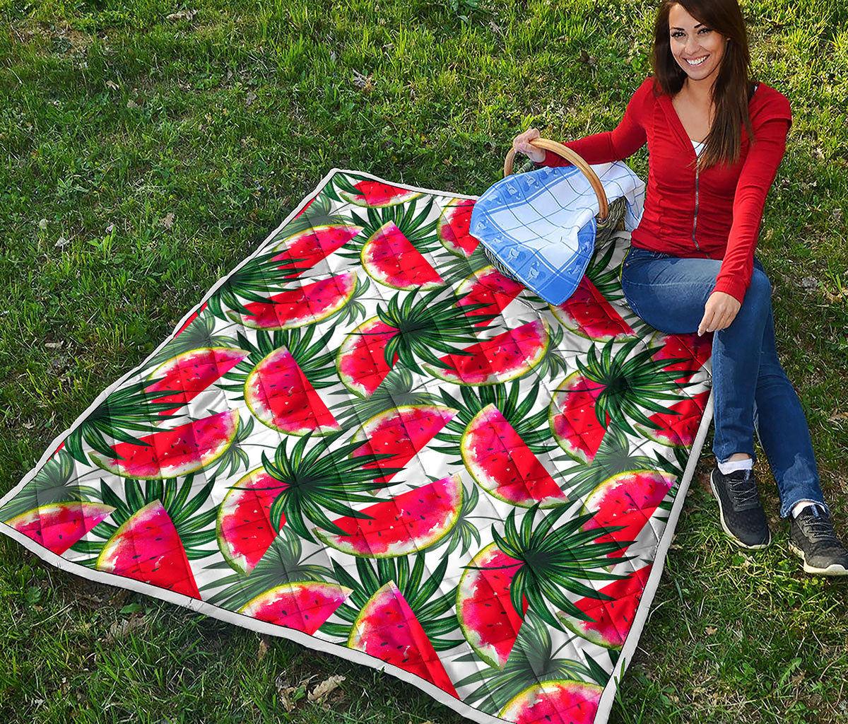White Palm Leaf Watermelon Pattern Print Quilt