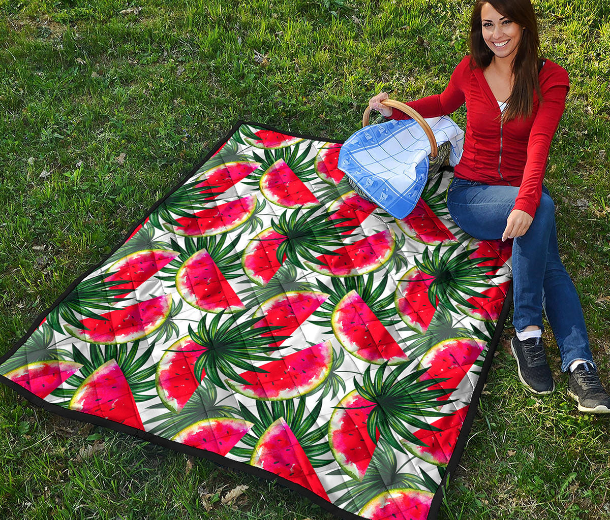 White Palm Leaf Watermelon Pattern Print Quilt