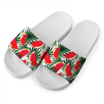 White Palm Leaf Watermelon Pattern Print White Slide Sandals