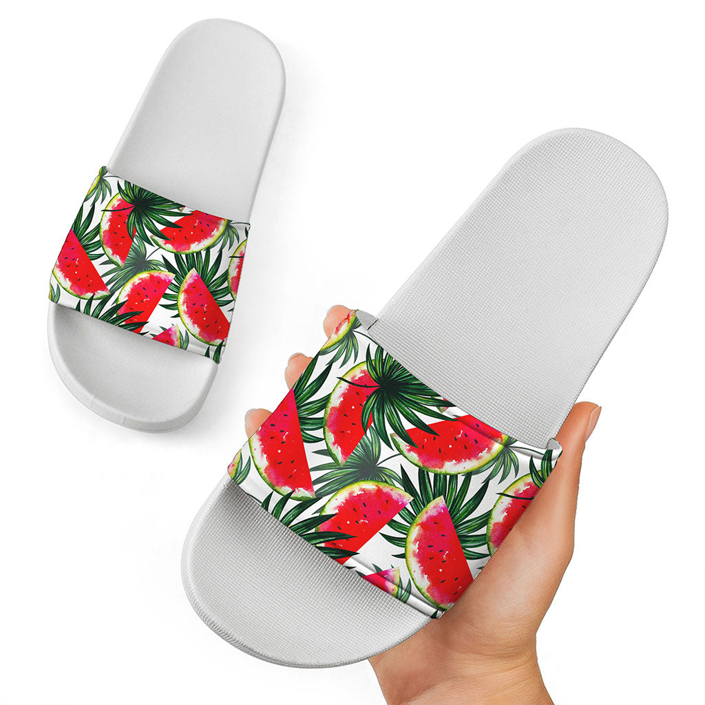 White Palm Leaf Watermelon Pattern Print White Slide Sandals