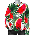 White Palm Leaf Watermelon Pattern Print Women's Crewneck Sweatshirt GearFrost