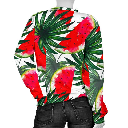 White Palm Leaf Watermelon Pattern Print Women's Crewneck Sweatshirt GearFrost