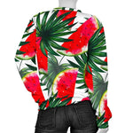 White Palm Leaf Watermelon Pattern Print Women's Crewneck Sweatshirt GearFrost
