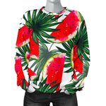 White Palm Leaf Watermelon Pattern Print Women's Crewneck Sweatshirt GearFrost