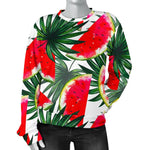 White Palm Leaf Watermelon Pattern Print Women's Crewneck Sweatshirt GearFrost