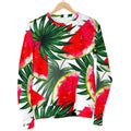 White Palm Leaf Watermelon Pattern Print Women's Crewneck Sweatshirt