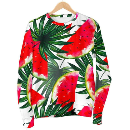 White Palm Leaf Watermelon Pattern Print Women's Crewneck Sweatshirt GearFrost