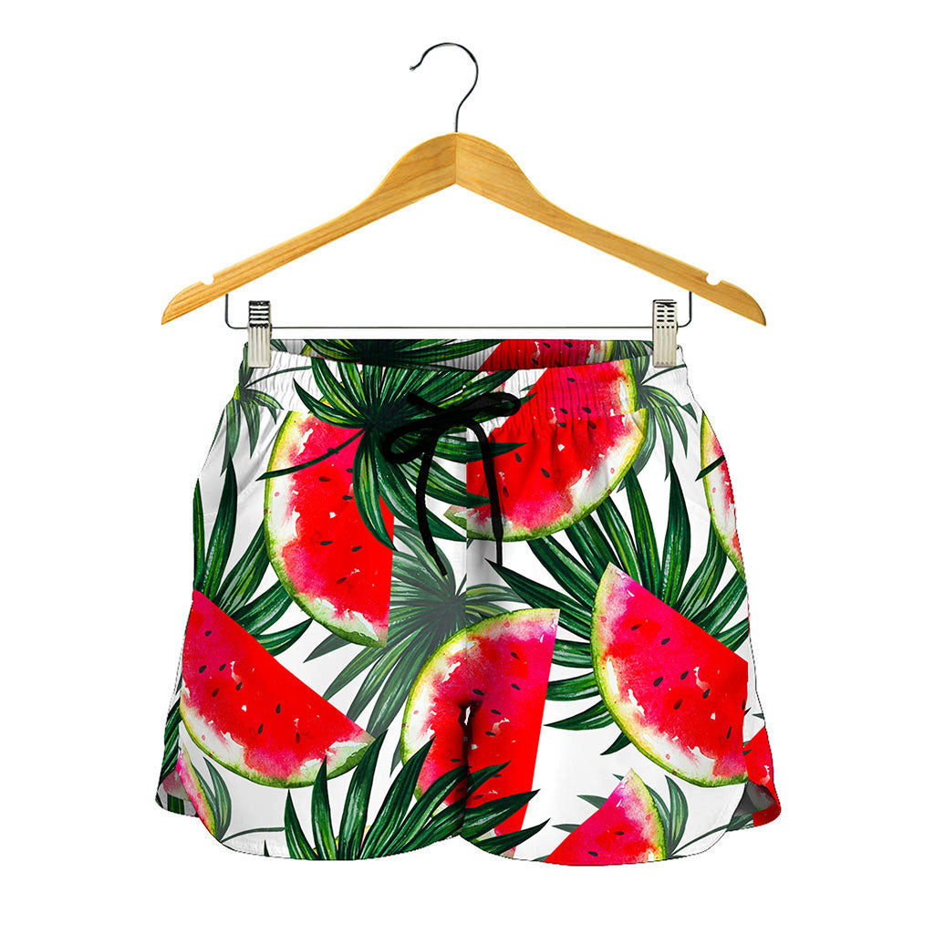 White Palm Leaf Watermelon Pattern Print Women's Shorts