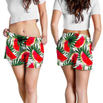 White Palm Leaf Watermelon Pattern Print Women's Shorts