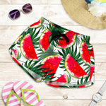 White Palm Leaf Watermelon Pattern Print Women's Shorts