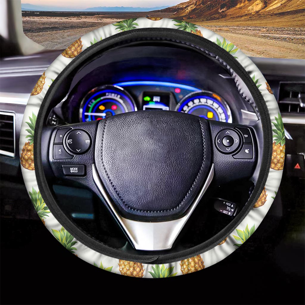 White Pineapple Pattern Print Car Steering Wheel Cover