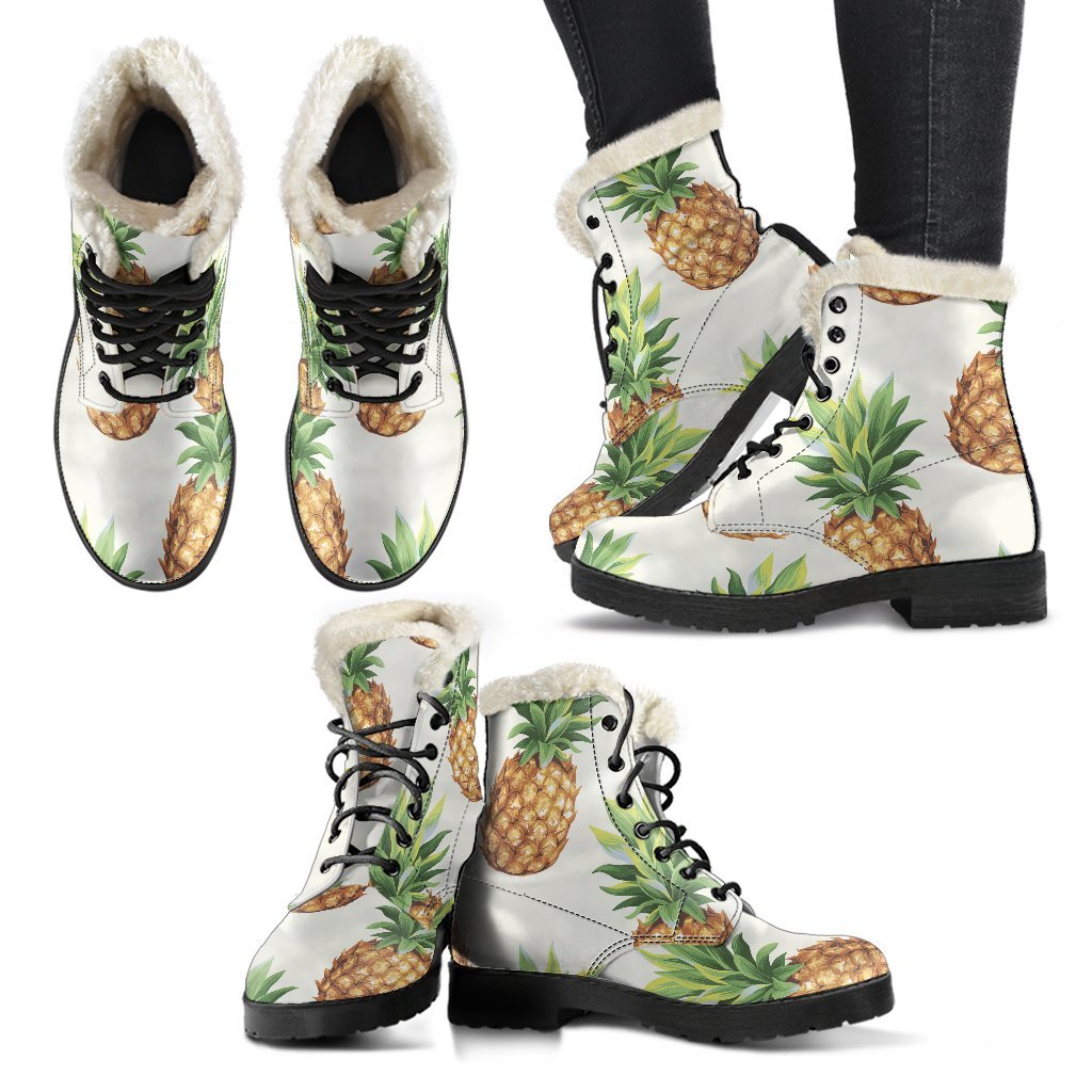 White Pineapple Pattern Print Comfy Boots GearFrost