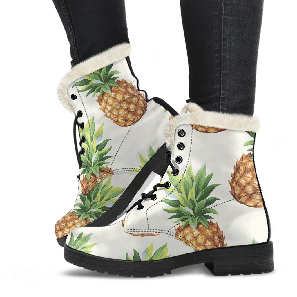 White Pineapple Pattern Print Comfy Boots GearFrost
