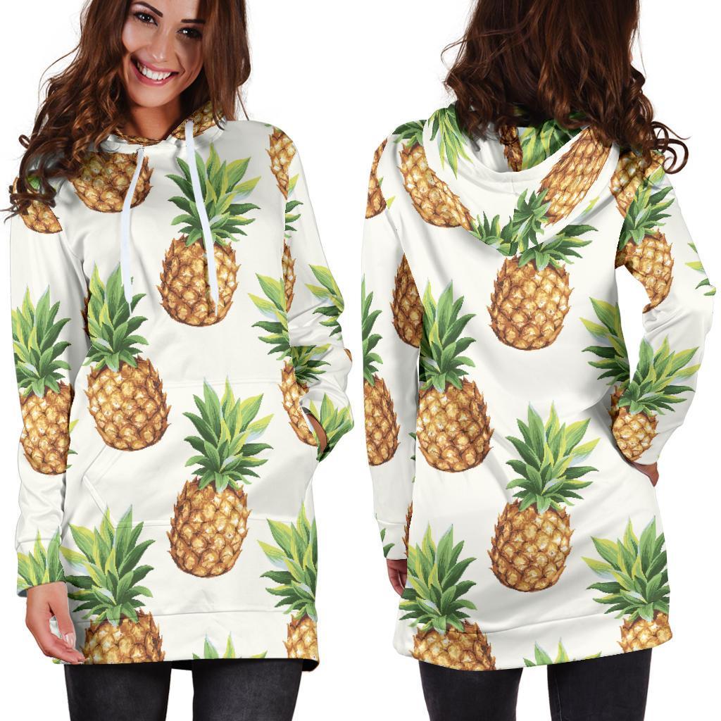 White Pineapple Pattern Print Hoodie Dress GearFrost