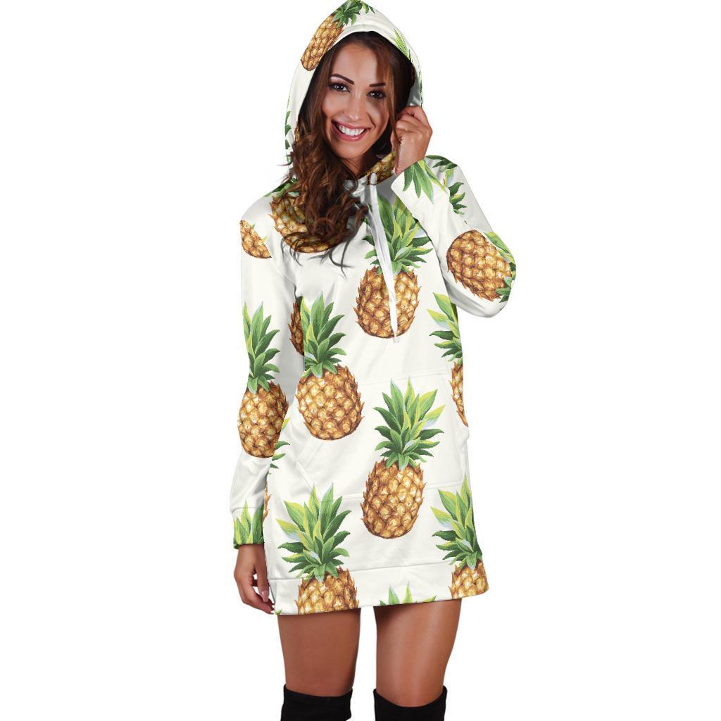 White Pineapple Pattern Print Hoodie Dress GearFrost