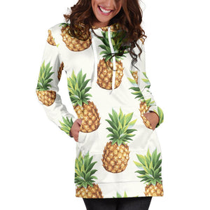 White Pineapple Pattern Print Hoodie Dress GearFrost