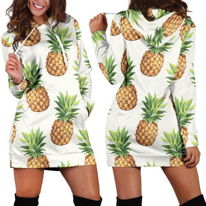 White Pineapple Pattern Print Hoodie Dress GearFrost