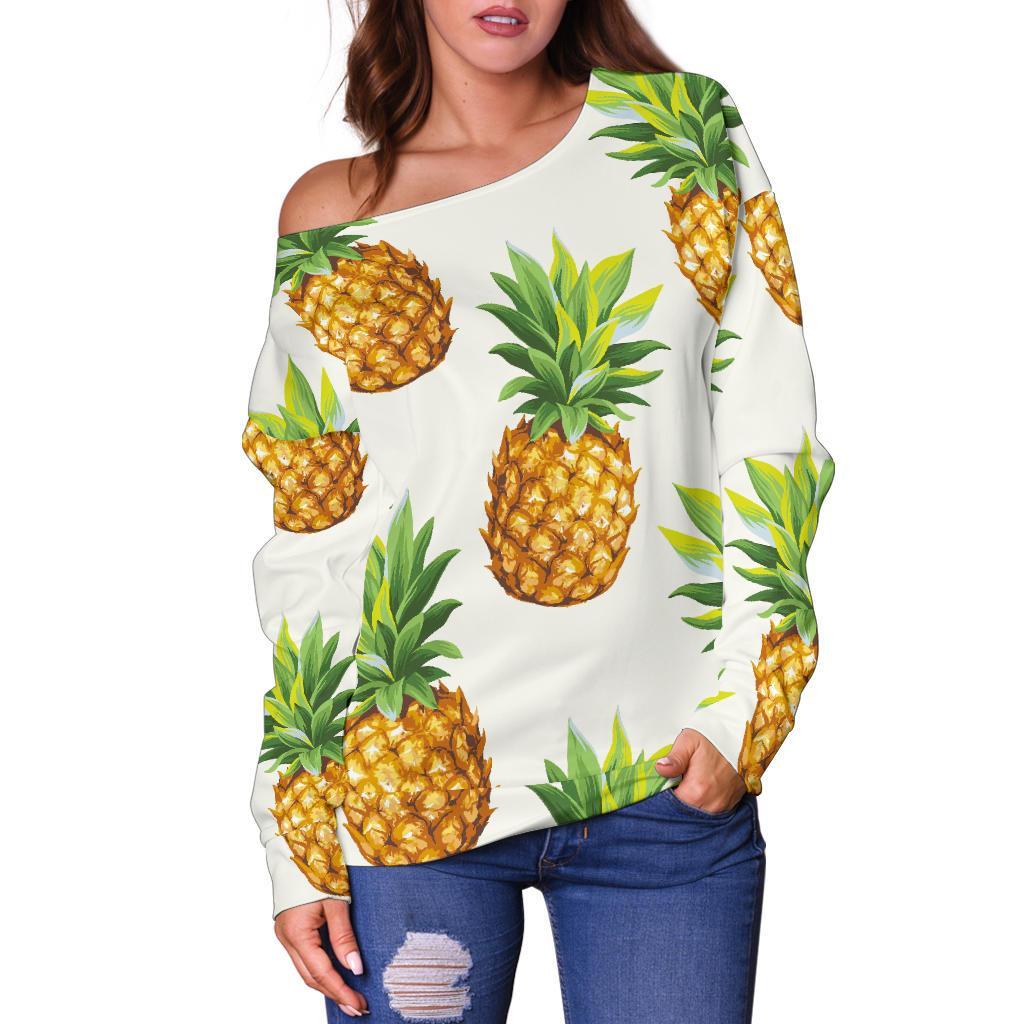 White Pineapple Pattern Print Off Shoulder Sweatshirt GearFrost