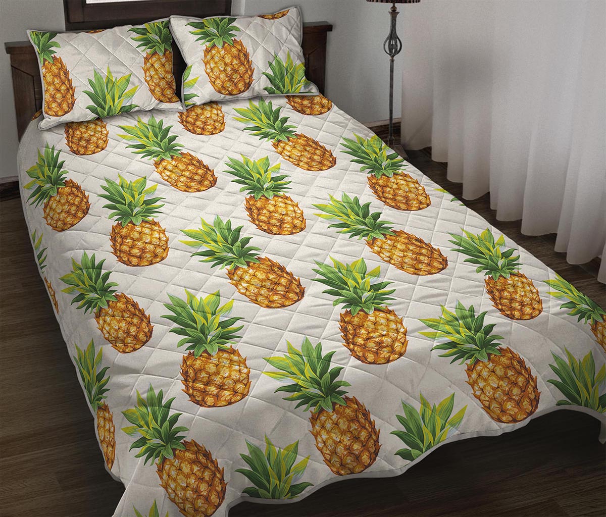 White Pineapple Pattern Print Quilt Bed Set