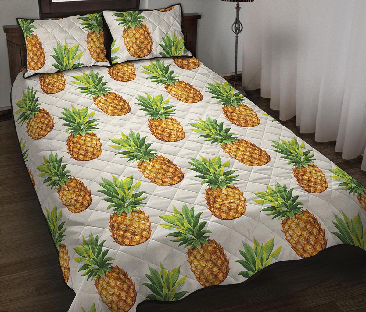 White Pineapple Pattern Print Quilt Bed Set