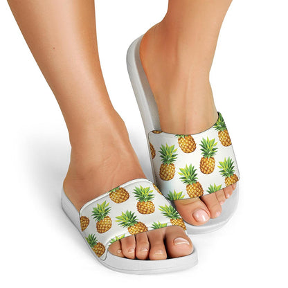 White Pineapple Pattern Print White Slide Sandals