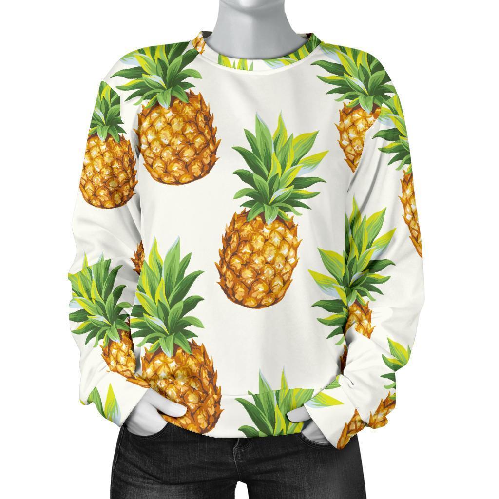 White Pineapple Pattern Print Women's Crewneck Sweatshirt GearFrost