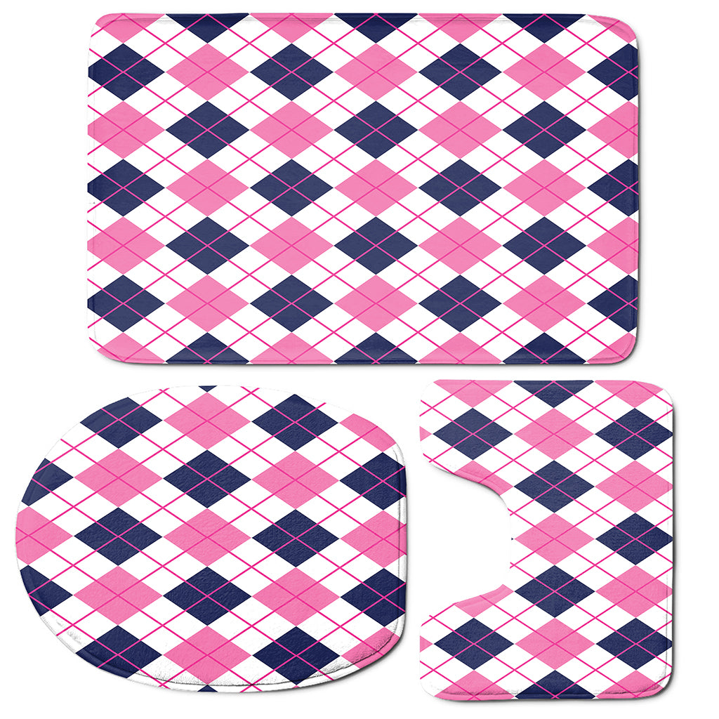 White Pink And Blue Argyle Pattern Print 3 Piece Bath Mat Set