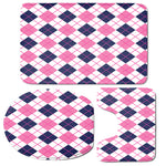 White Pink And Blue Argyle Pattern Print 3 Piece Bath Mat Set