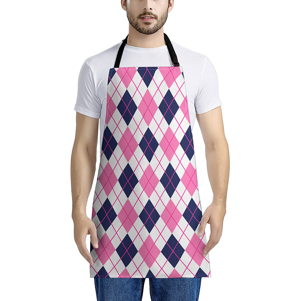 White Pink And Blue Argyle Pattern Print Apron