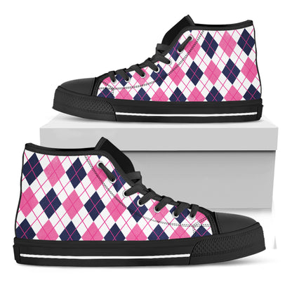 White Pink And Blue Argyle Pattern Print Black High Top Shoes