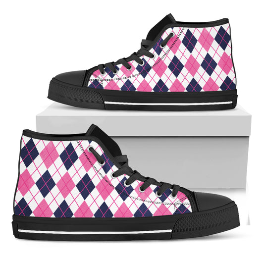 White Pink And Blue Argyle Pattern Print Black High Top Shoes