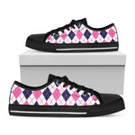 White Pink And Blue Argyle Pattern Print Black Low Top Shoes