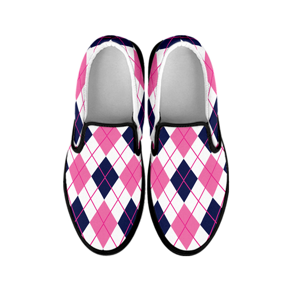 White Pink And Blue Argyle Pattern Print Black Slip On Shoes