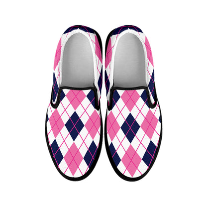 White Pink And Blue Argyle Pattern Print Black Slip On Shoes