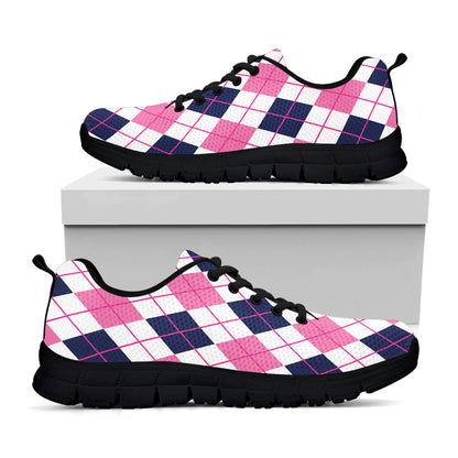 White Pink And Blue Argyle Pattern Print Black Sneakers