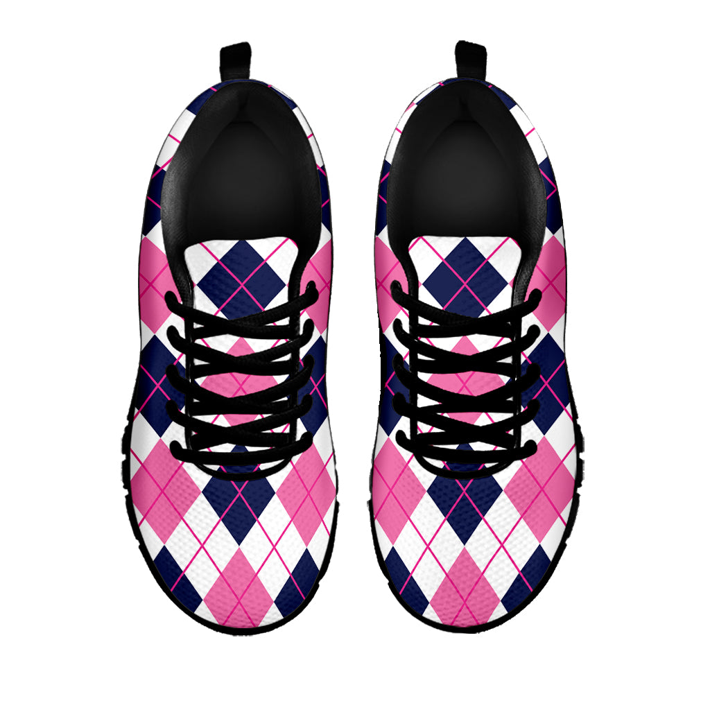 White Pink And Blue Argyle Pattern Print Black Sneakers
