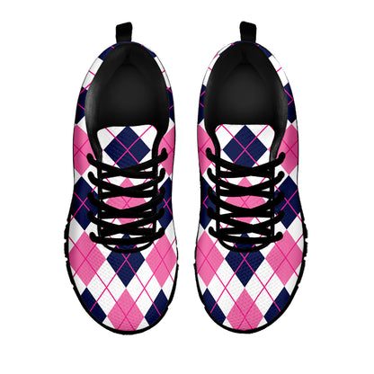 White Pink And Blue Argyle Pattern Print Black Sneakers