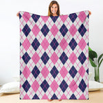 White Pink And Blue Argyle Pattern Print Blanket